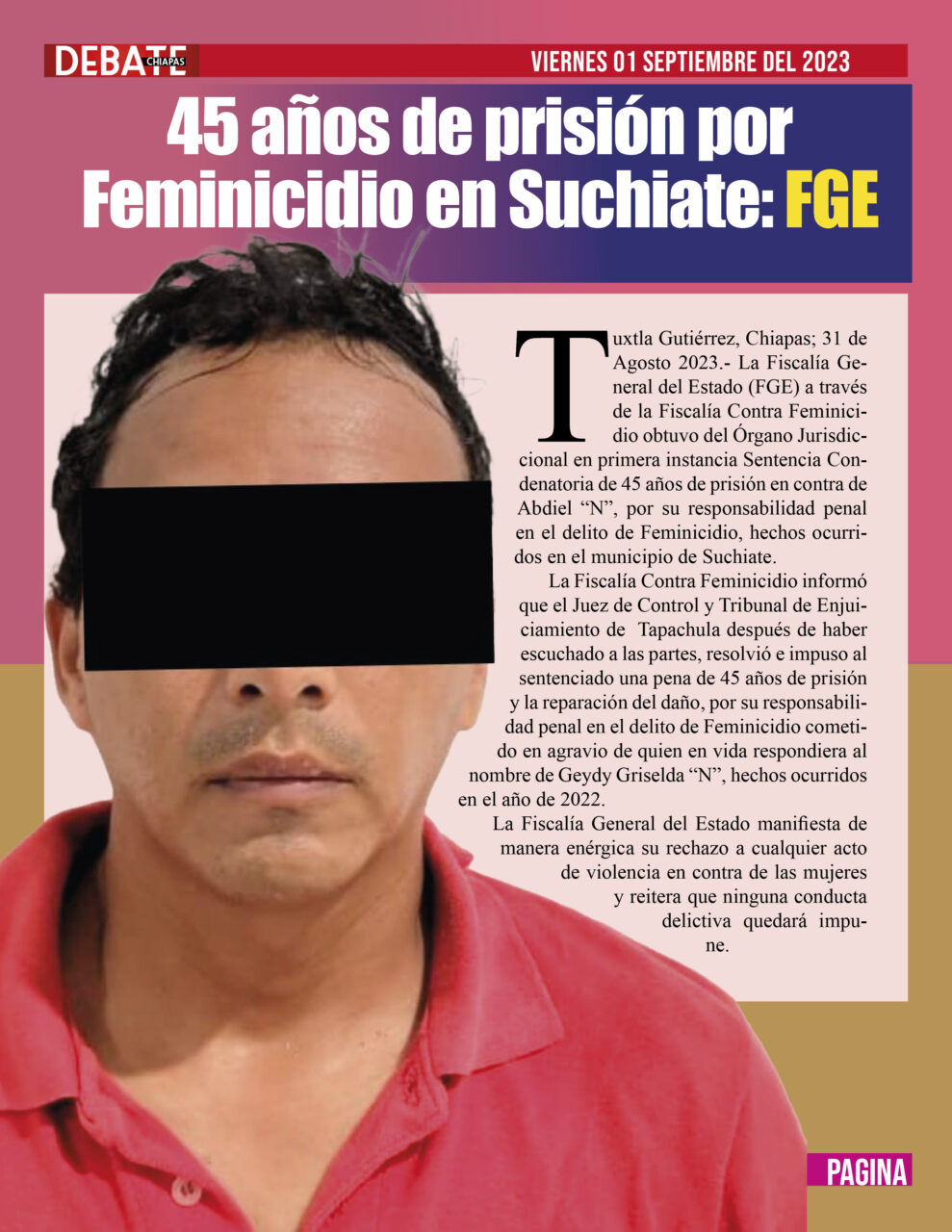 45 años de prisión por Feminicidio en Suchiate: FGE